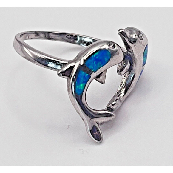 Vintage Sterling Silver Modernist 2 Dolphins Playing Wave Blue Opal Pendant - Picture 3 of 5